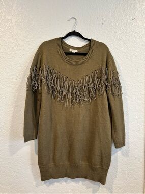 Fringe Knit Sweater Dress in Olive